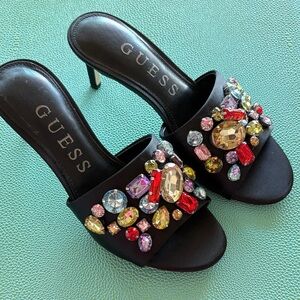 New in box Guess Black Heels with Colorful Embellishments